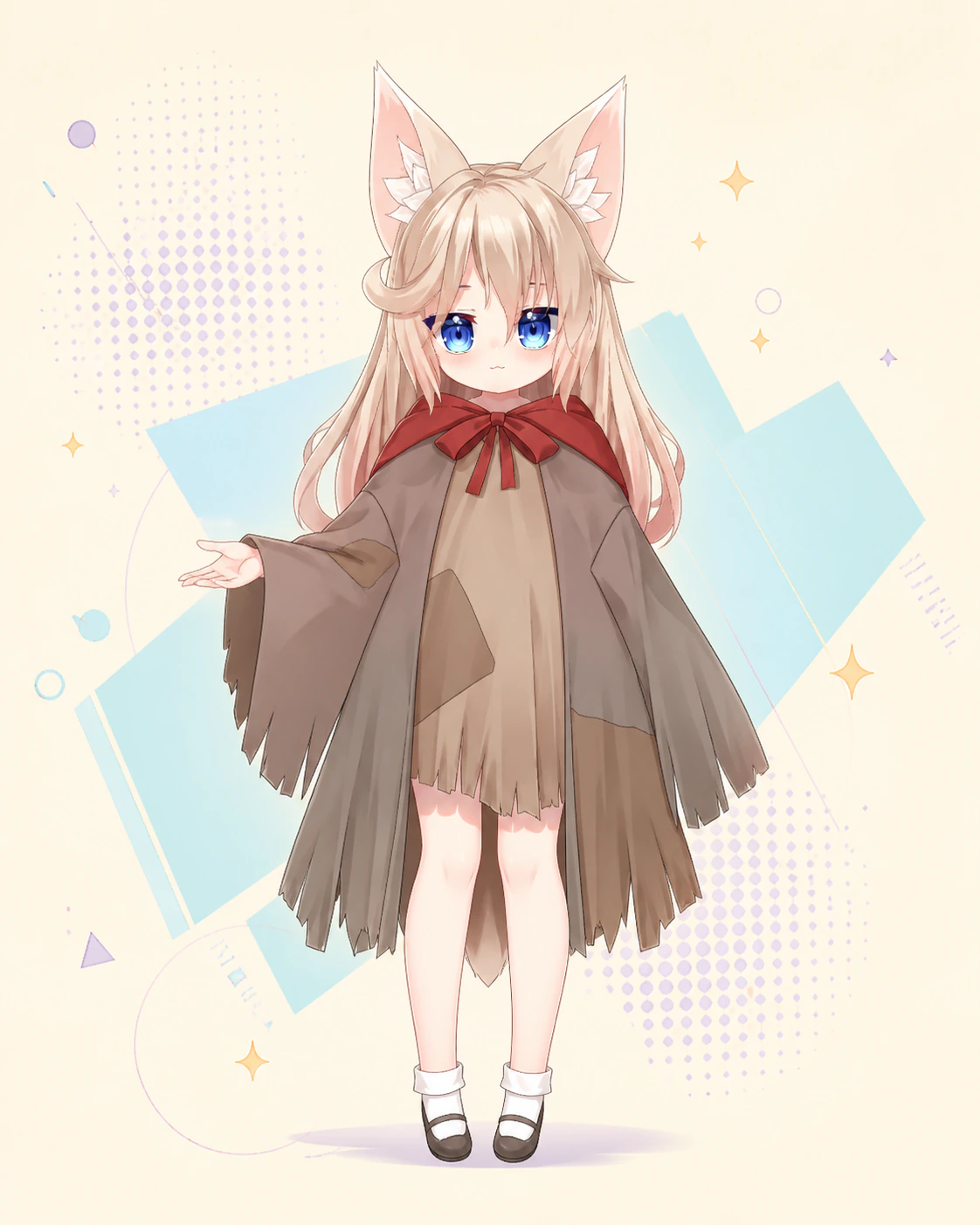 Full-body generated Virmii catgirl avatar with pink hair, blue eyes, and a brown cape